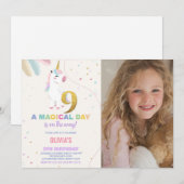 写真付きの9歳の誕生日ユニコーンバースデー招待状 招待状 (正面/裏面)