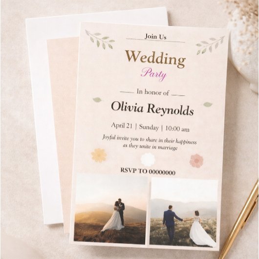 写真付きエレガントな結婚式パーティー招待状 招待状