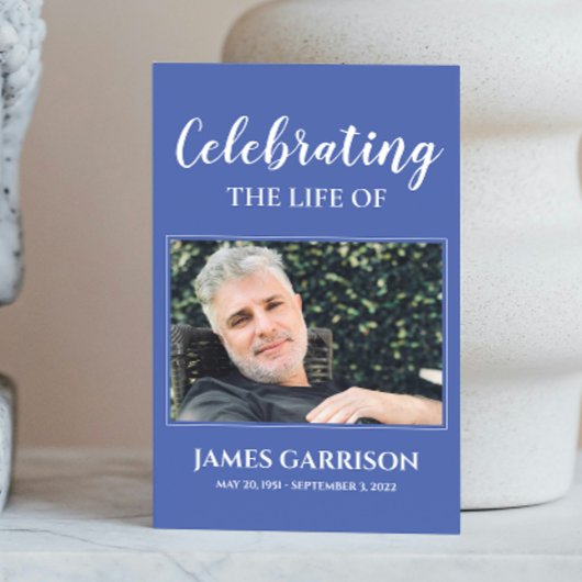 写真付きエレガントブルーホワイト葬儀祈りの言葉カード エンクロージャーカード