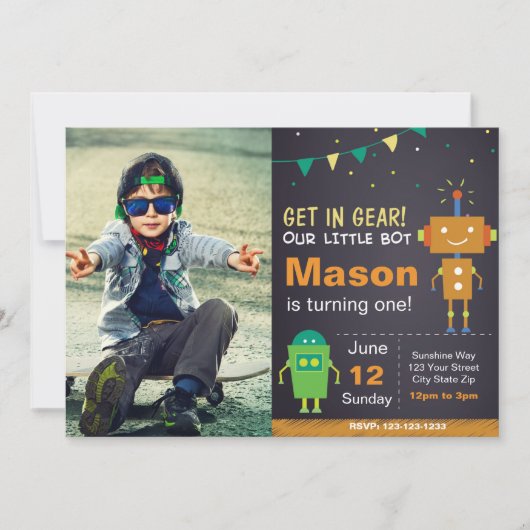 写真付きオレンジロボットの誕生日招待状 招待状 (正面)