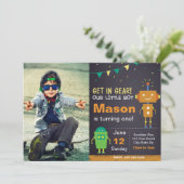 写真付きオレンジロボットの誕生日招待状 招待状 (スタンド正面)