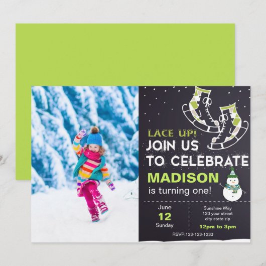 写真付きグリーンアイススケート誕生日招待状 招待状 (正面/裏面)