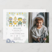 写真付きグリーンロボット誕生日招待状 招待状 (正面/裏面)