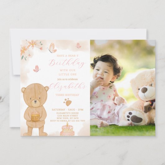 写真付きケーキ テディベア 誕生日招待状 招待状 (正面)