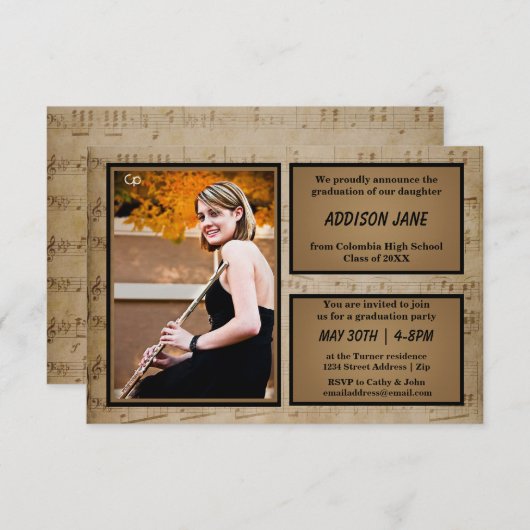 写真付きシートミュージック- 3x5 Gradアナウンス 招待状 (正面/裏面)