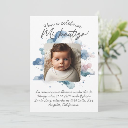 写真付きスペイン水彩洗礼 招待状 (スタンド正面)