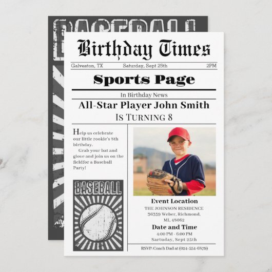 写真付きパーソナル野球誕生日招待状 招待状 (正面/裏面)