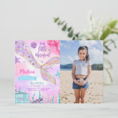 写真付きパープルの人魚の誕生日招待状 招待状 (スタンド正面)