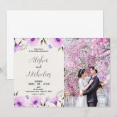 写真付きパープルの花の結婚式招待状 招待状 (正面/裏面)