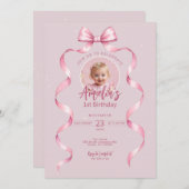 写真付きピンクのリボン誕生日招待状 招待状 (正面/裏面)
