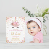 写真付きピンクの花のユニコーン誕生日招待状 招待状 (スタンド正面)