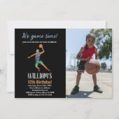 写真付きブラックブルーバスケットボール誕生日 招待状 (正面)