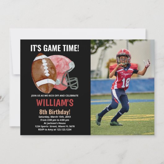 写真付きブラックワンレッドサッカー誕生日 招待状 (正面)