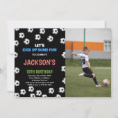 写真付きブルーブラックグリーンサッカー誕生日 招待状 (正面)