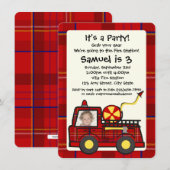 写真付きプレイド消防車の誕生日 招待状 (正面/裏面)