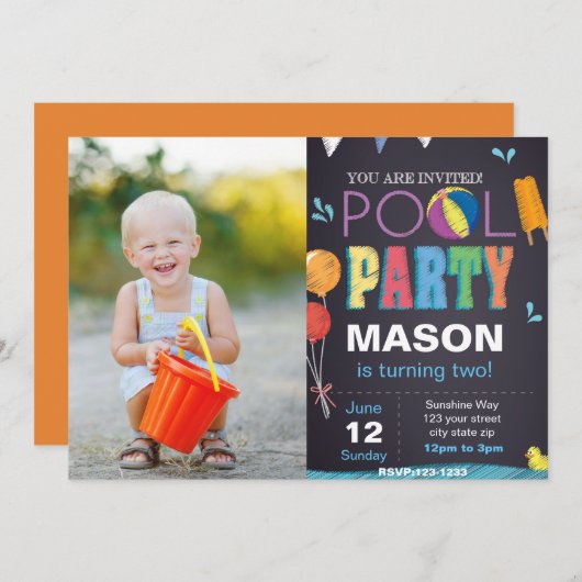 写真付きプールパーティー誕生日招待状 招待状 (正面/裏面)