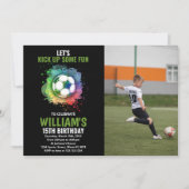 写真付きホワイトグリーンサッカー誕生日 招待状 (正面)