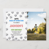 写真付きホワイトブラックボールサッカー誕生日 招待状 (正面)