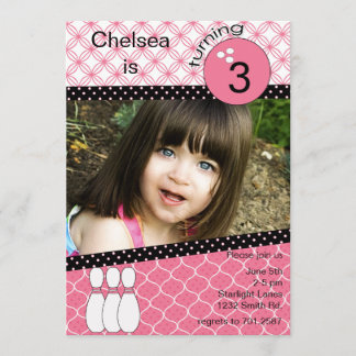 写真付きモダンのピンクの女の子ボーリングの招待 招待状