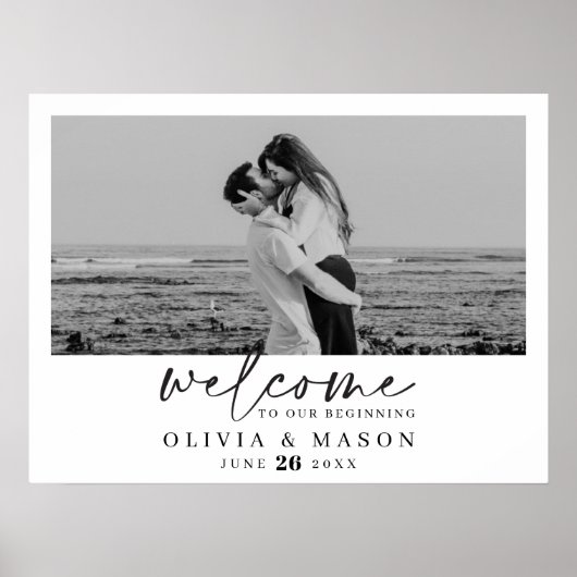 写真付きモダンスクリプト結婚式ウェルカムサイン ポスター (正面)