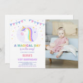 写真付きユニコーン誕生日招待状 フラッグス 招待状 (正面/裏面)