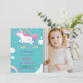 写真付きユニコーン誕生日招待状 黄色の旗 招待状 (スタンド正面)