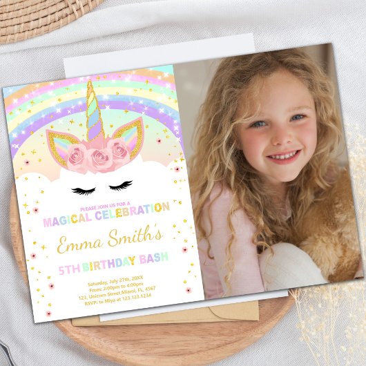 写真付きレインボーユニコーンのポストカード 招待状