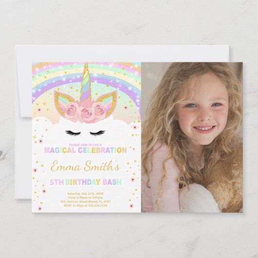 写真付きレインボーユニコーンのポストカード 招待状 (正面)