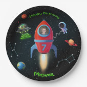 写真付きロケット | 誕生日エイリアンUFO宇宙飛行士 ペーパープレート (正面)