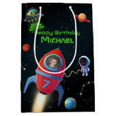 写真付きロケット | 誕生日宇宙飛行士UFOエイリアン ミディアムペーパーバッグ (正面)