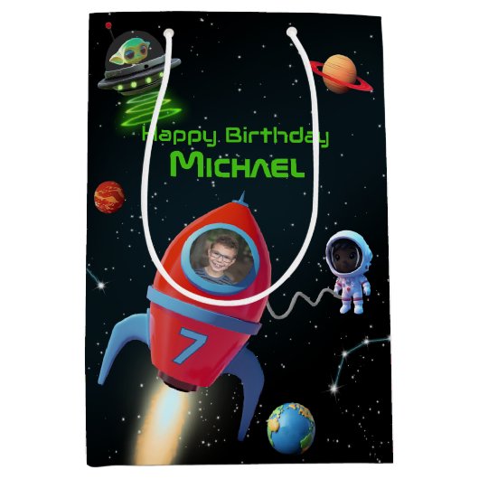 写真付きロケット | 誕生日宇宙飛行士UFOエイリアン ミディアムペーパーバッグ (正面)