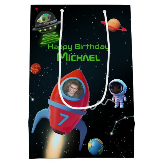 写真付きロケット | 誕生日宇宙飛行士UFOエイリアン ミディアムペーパーバッグ (裏面)