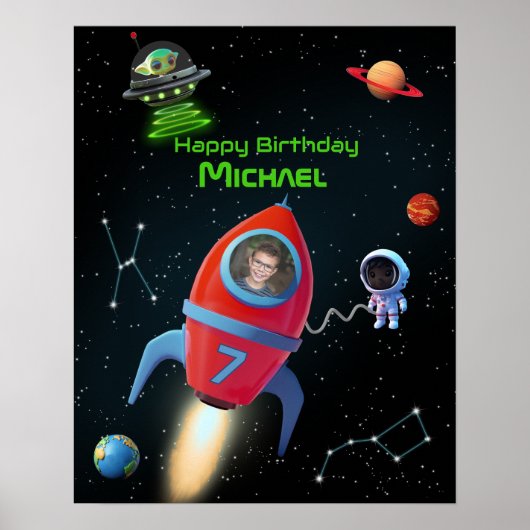 写真付きロケット | UFOエイリアン誕生日 ポスター (正面)