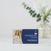 写真付き化学家庭教師、ネイビーブルーゴールドアクセント 名刺 (スタンド正面)