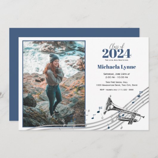 写真付き卒業トランペット行進バンド 招待状 (正面/裏面)