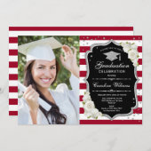 写真付き卒業パーティー – シルバーブラック赤 招待状 (正面/裏面)