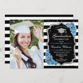 写真付き卒業パーティー – シルバーブルーの花 招待状 (正面/裏面)