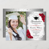 写真付き卒業パーティー – シルバーホワイトレッド 招待状 (正面/裏面)