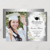 写真付き卒業パーティー – シルバーホワイト 招待状 (正面/裏面)