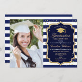 写真付き卒業パーティー – ネイビーホワイト金ゴールド 招待状 (正面/裏面)