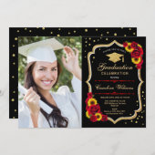 写真付き卒業パーティー – バラひまわり 招待状 (正面/裏面)