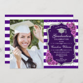 写真付き卒業パーティー – パープルシルバー 招待状 (正面/裏面)