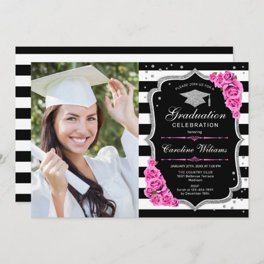 写真付き卒業パーティー – ピンクシルバーブラック 招待状 (正面/裏面)