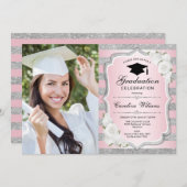 写真付き卒業パーティー – ピンクシルバー 招待状 (正面/裏面)