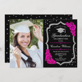 写真付き卒業パーティー – ブラックシルバーピンク 招待状 (正面/裏面)