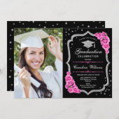 写真付き卒業パーティー – ブラックシルバーピンク 招待状 (正面/裏面)