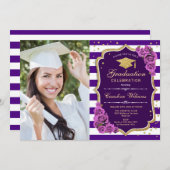 写真付き卒業パーティー – 紫の金ゴールド 招待状 (正面/裏面)