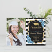 写真付き卒業パーティー – 金ゴールドブルー花 招待状 (スタンド正面)