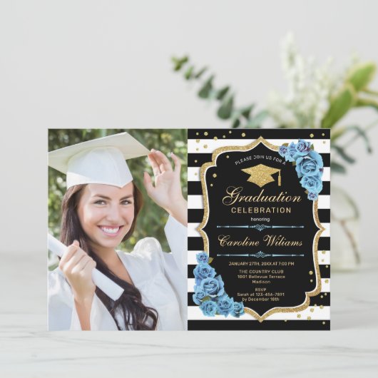 写真付き卒業パーティー – 金ゴールドブルー花 招待状 (スタンド正面)