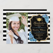 写真付き卒業パーティー – 金ゴールドブルー花 招待状 (正面/裏面)